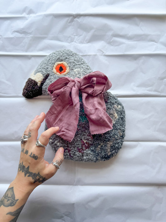 Pigeon portrait (detachable pink sari silk scarf)