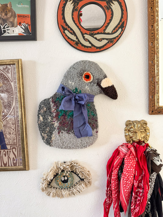 pigeon portrait (detachable blue sari silk scarf)